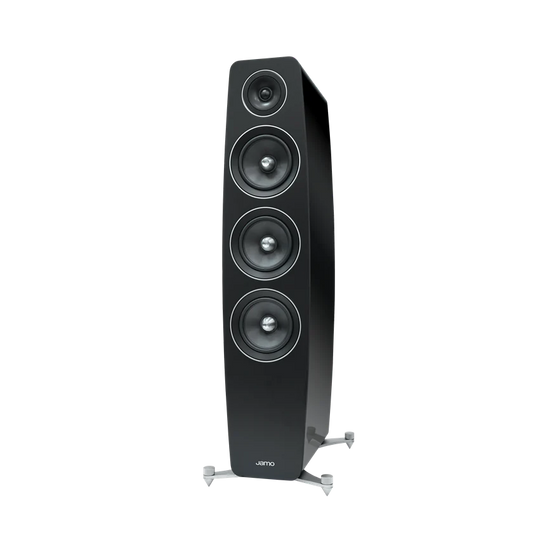 Side view of black speaker with one tweeter, one medium and two woofers. JAMO is written on the front.