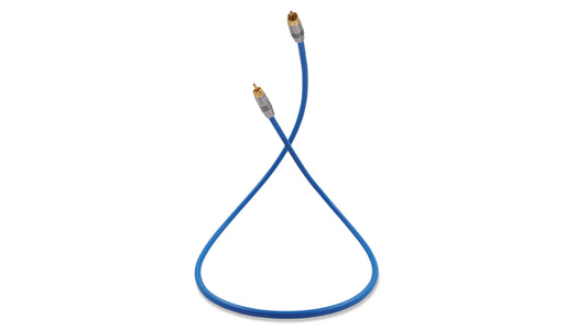 Blue audio cable with gold connectors on a white background