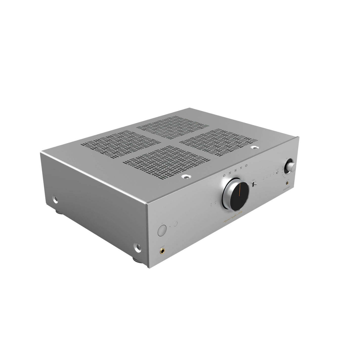 Silver electronic component box with ventilation grates on a white background