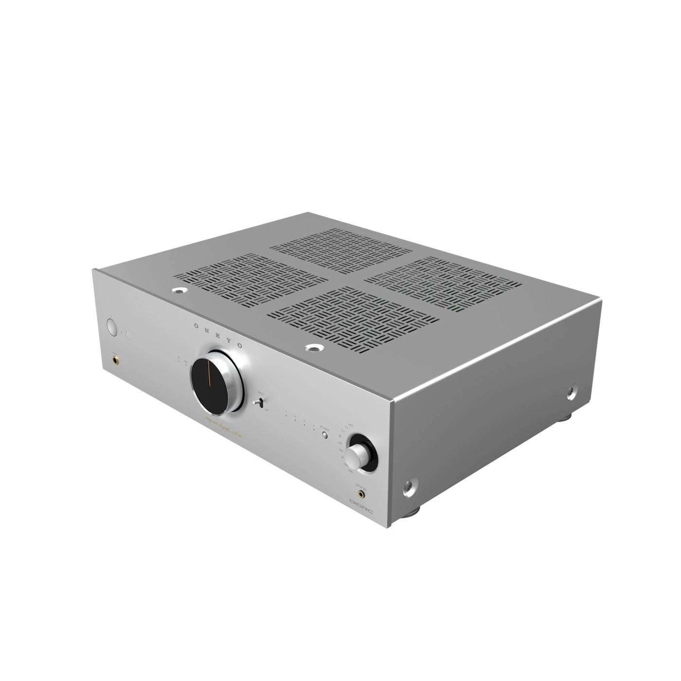 Silver electronic device with ventilation grates on a white background