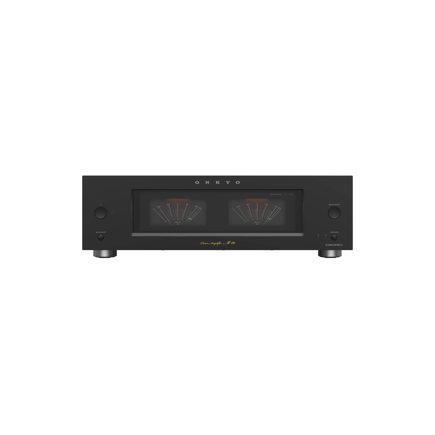 Black audio amplifier with brand logo on a white background