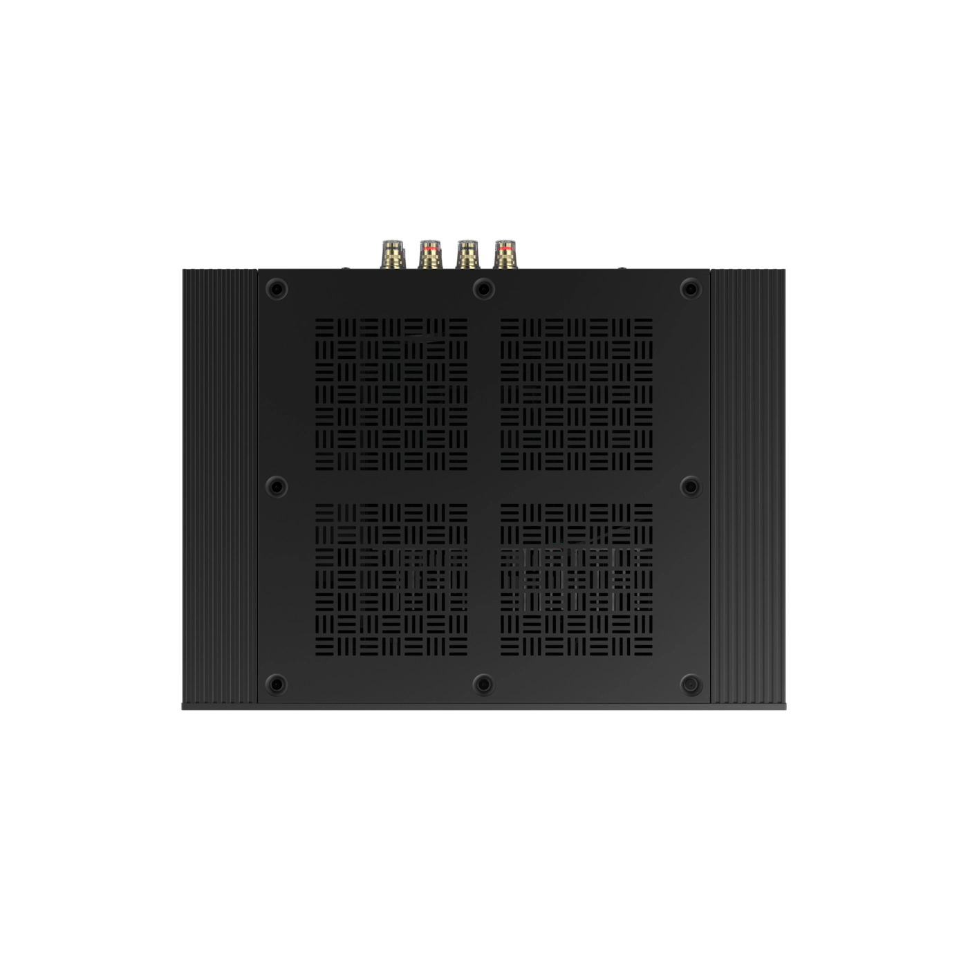 Black electronic module with a geometric pattern on a white background