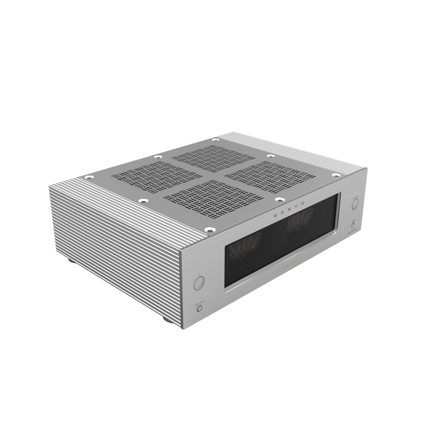 Metallic electronic component with cooling fins on a white background