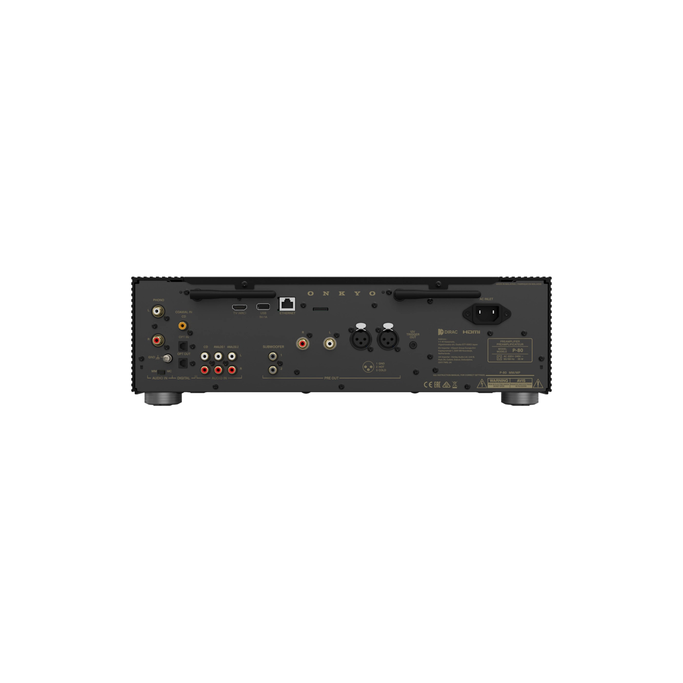 Back view of a black electronic device with various ports on a white background