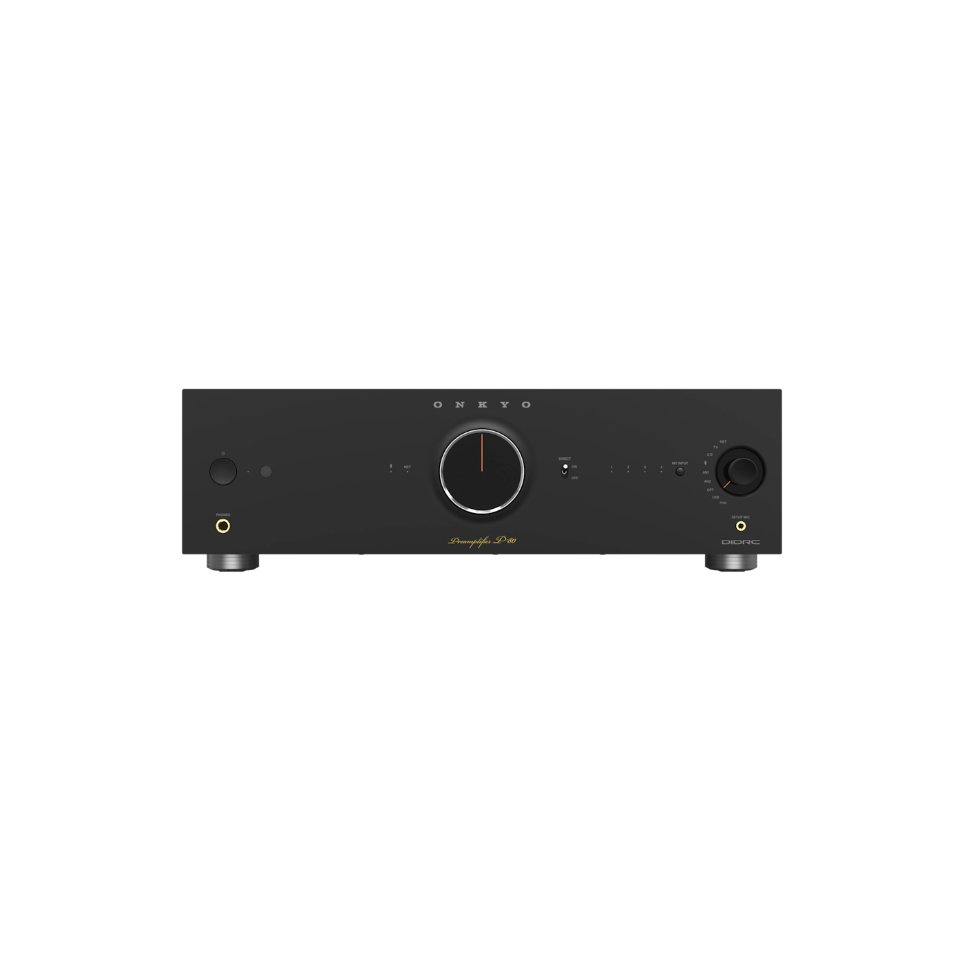 Black audio amplifier with brand logo on a white background