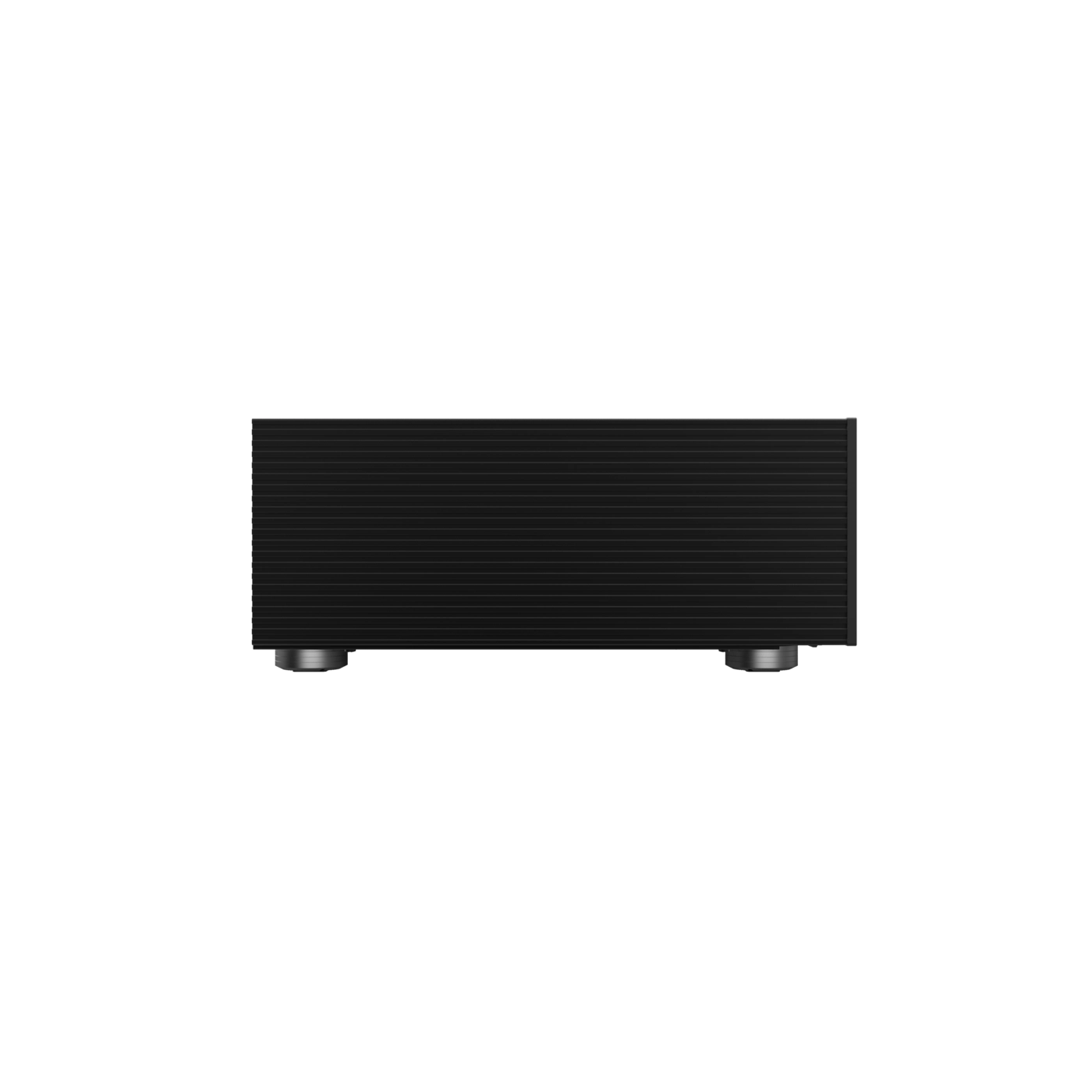 Black rectangular object with two round feet on a white background