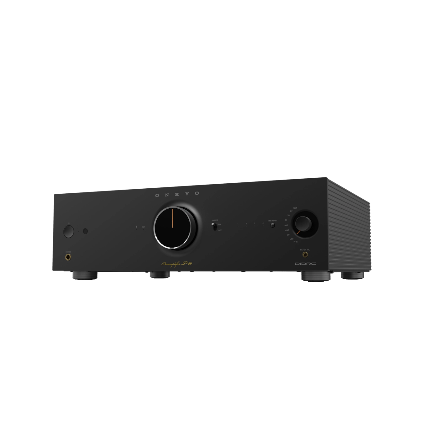 Black audio amplifier on a white background