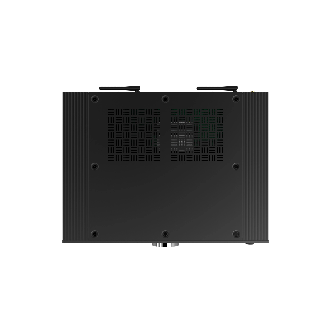 Black electronic module with cooling fins on a white background