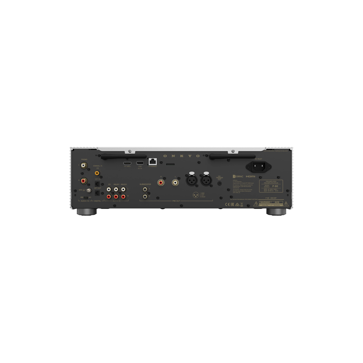 Back view of a audio equipment unit with various ports on a white background