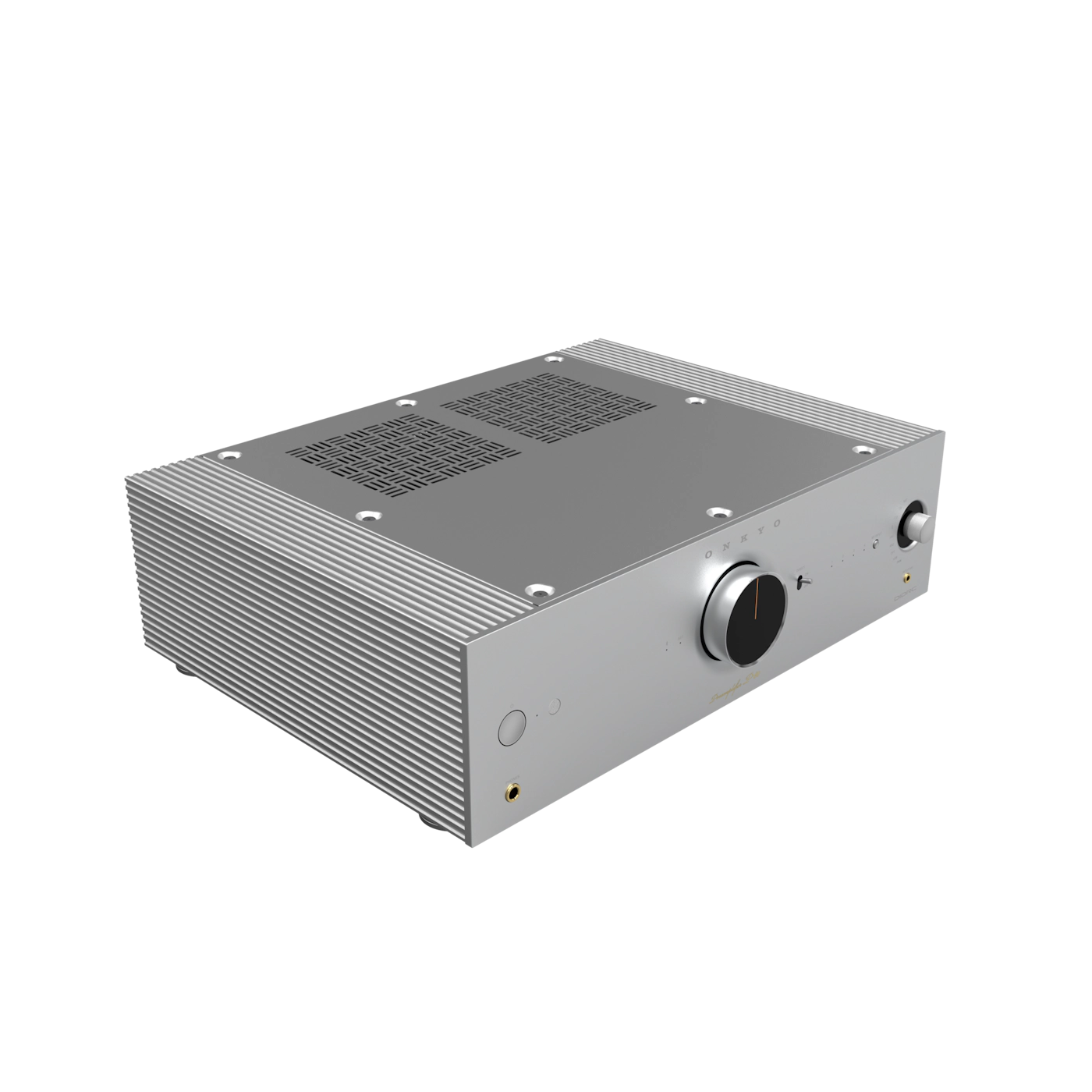 Silver electronic device with cooling fins on a white background