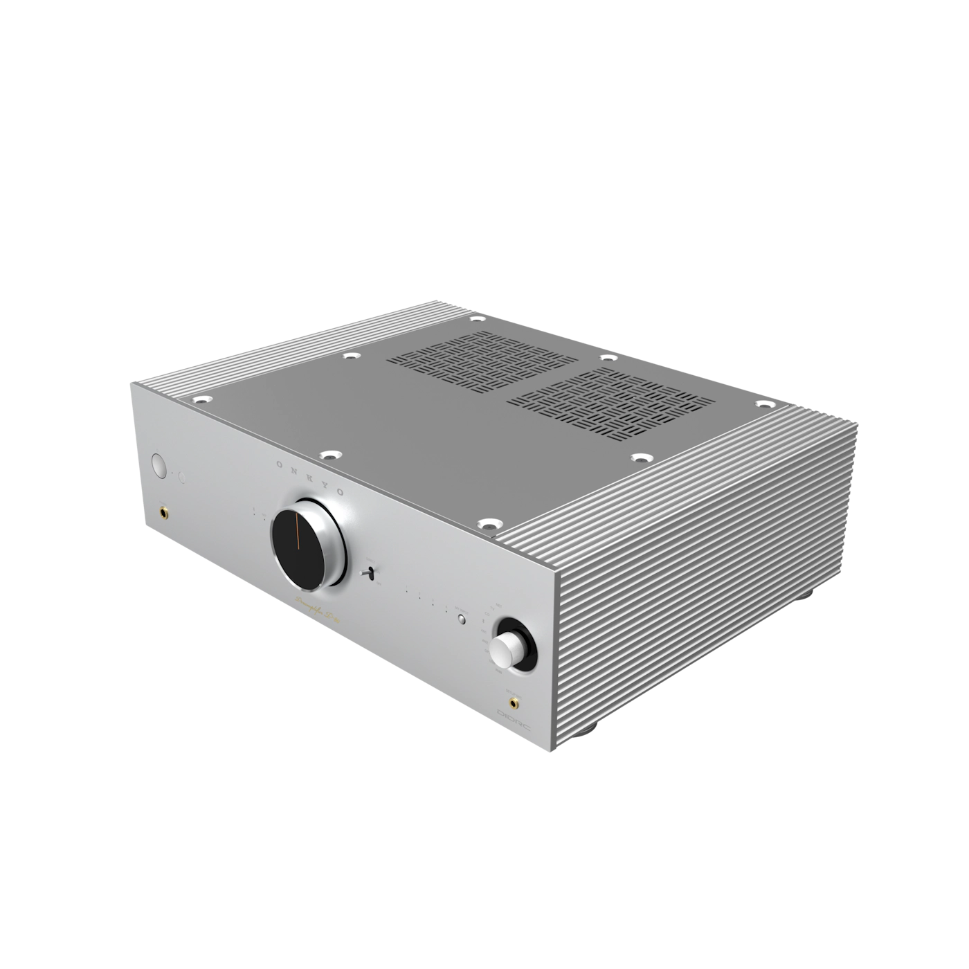 Silver electronic device with ventilation grilles on a white background