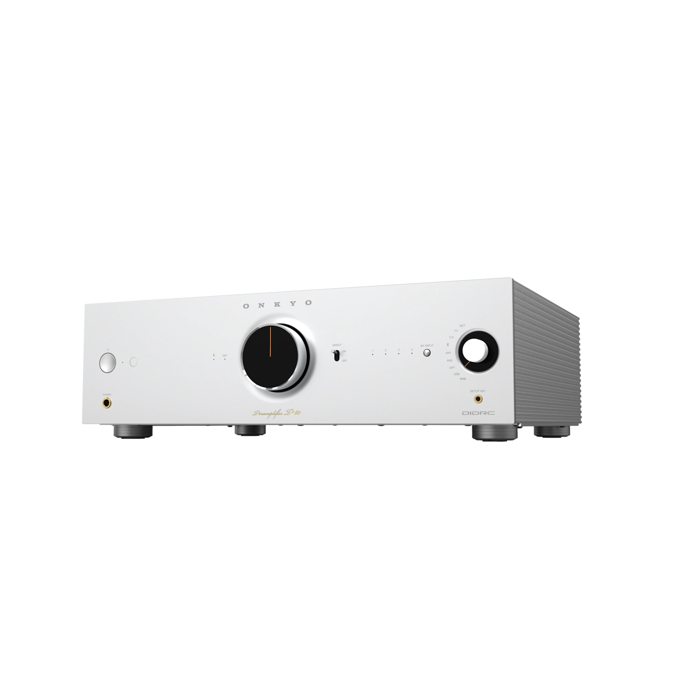 White audio amplifier with black knobs on a white background
