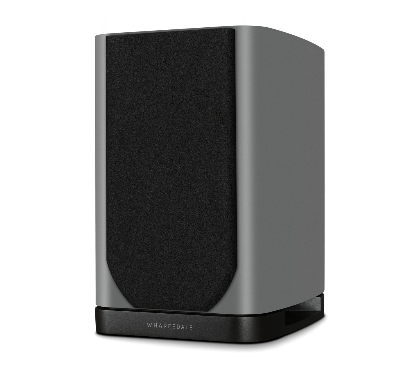 Left side view of Wharfedale EVO 5.1 Bookshelf Speaker in grey Finish with grill, over a white background.