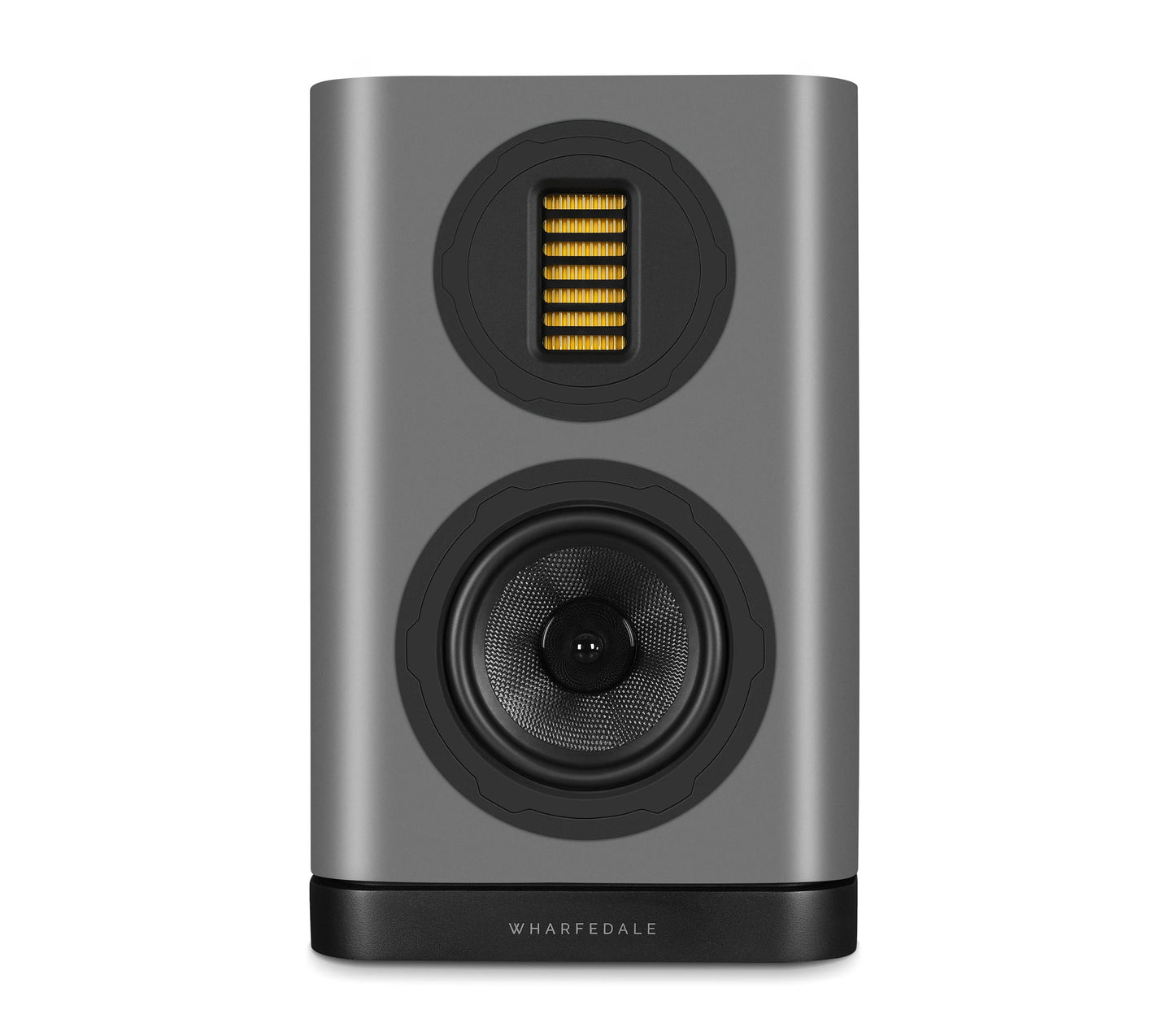 Front view of Wharfedale EVO 5.1 Bookshelf Speaker in grey Finish over a white background.
Shows AMT driver and woofer.