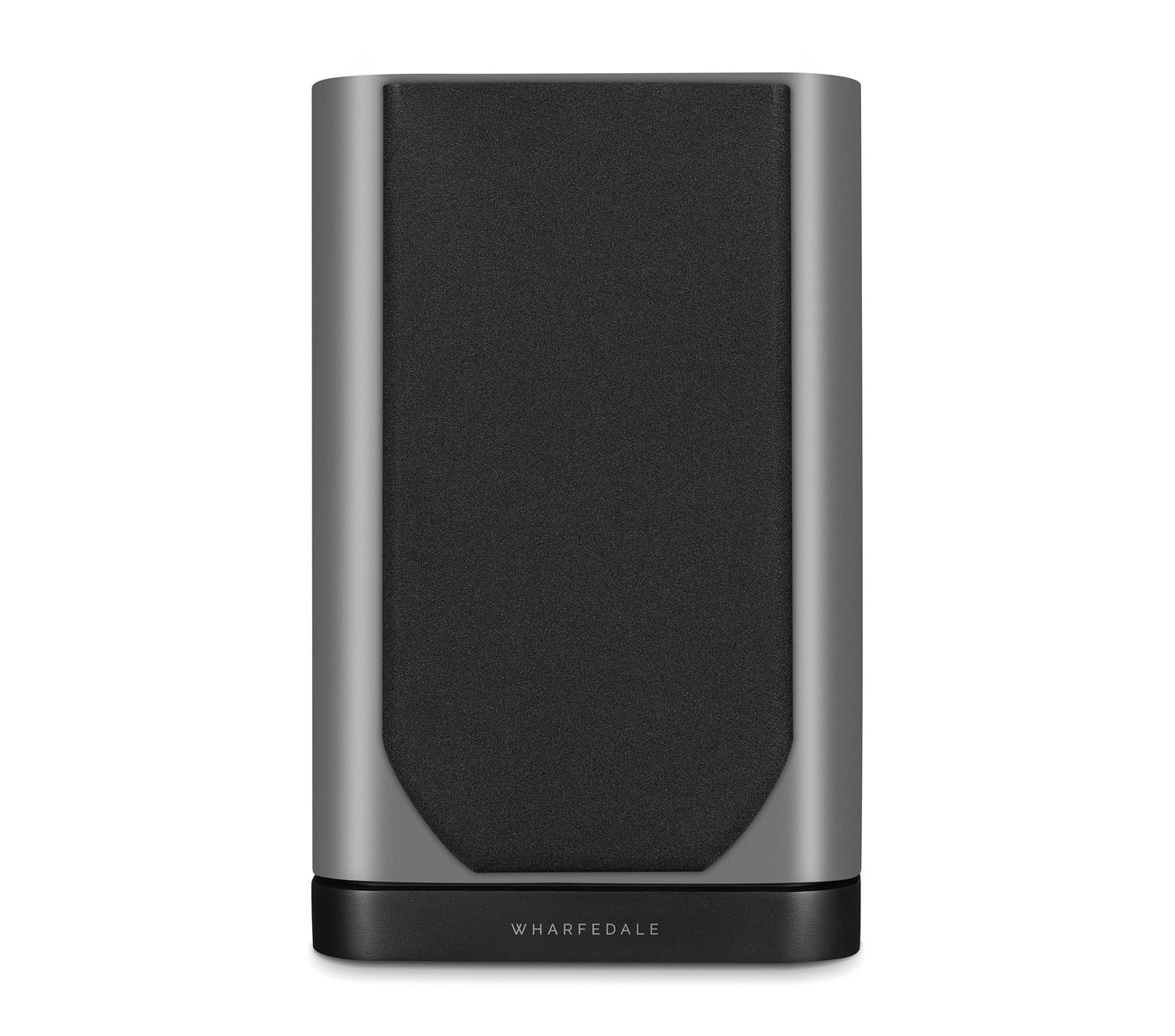 Front view of Wharfedale EVO 5.1 Bookshelf Speaker in grey Finish with grill, over a white background.
Shows AMT driver and woofer.
