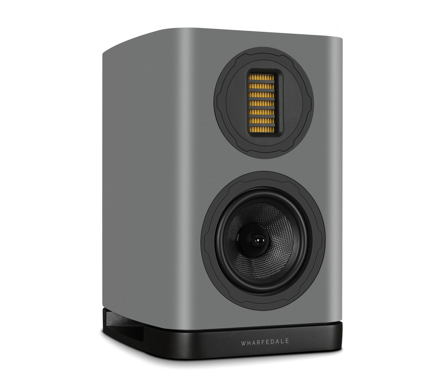 Right side view of Wharfedale EVO 5.1 Bookshelf Speaker in grey Finish over a white background.
Shows AMT driver and woofer.