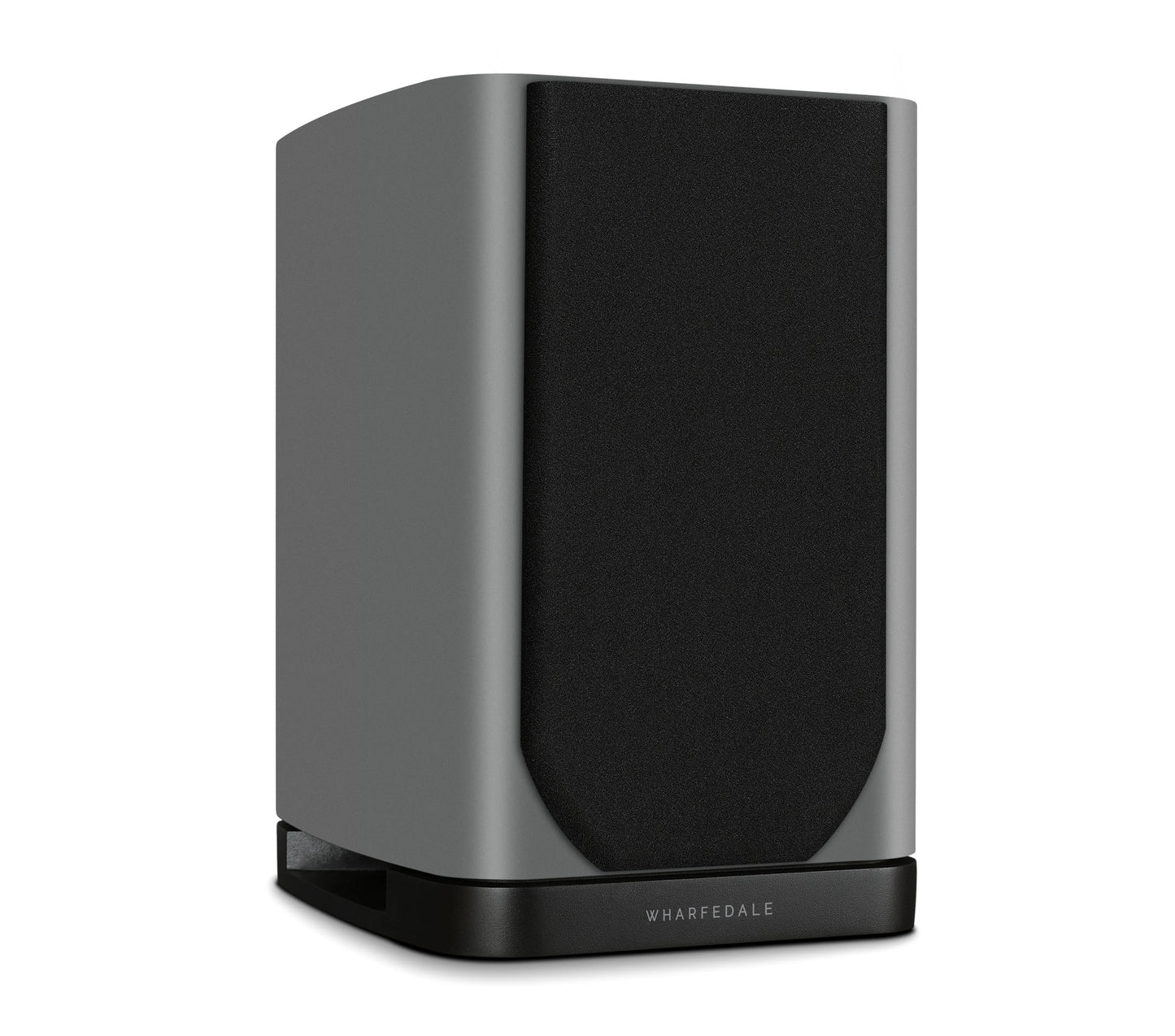 Right side view of Wharfedale EVO 5.1 Bookshelf Speaker in grey Finish with grill, over a white background.