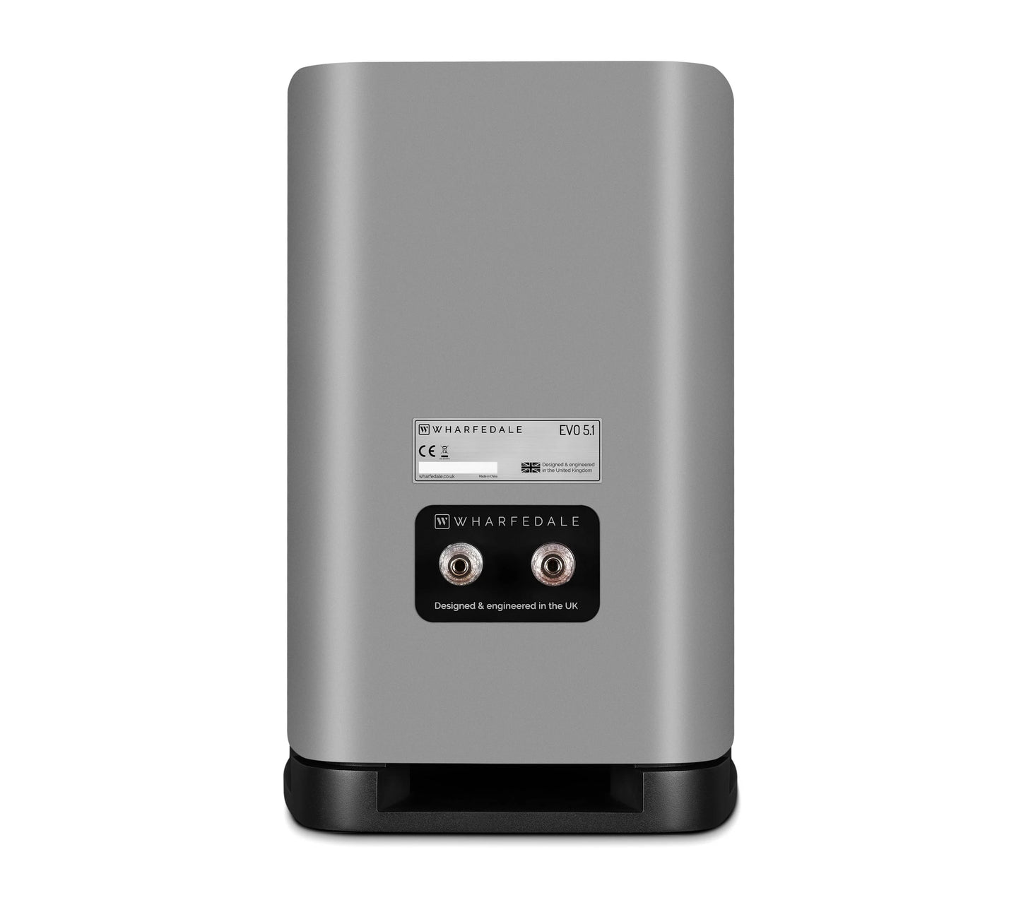 Rear view of Wharfedale EVO 5.1 Bookshelf Speaker in grey Finish over a white background.
Shows a pair of cable connectors.