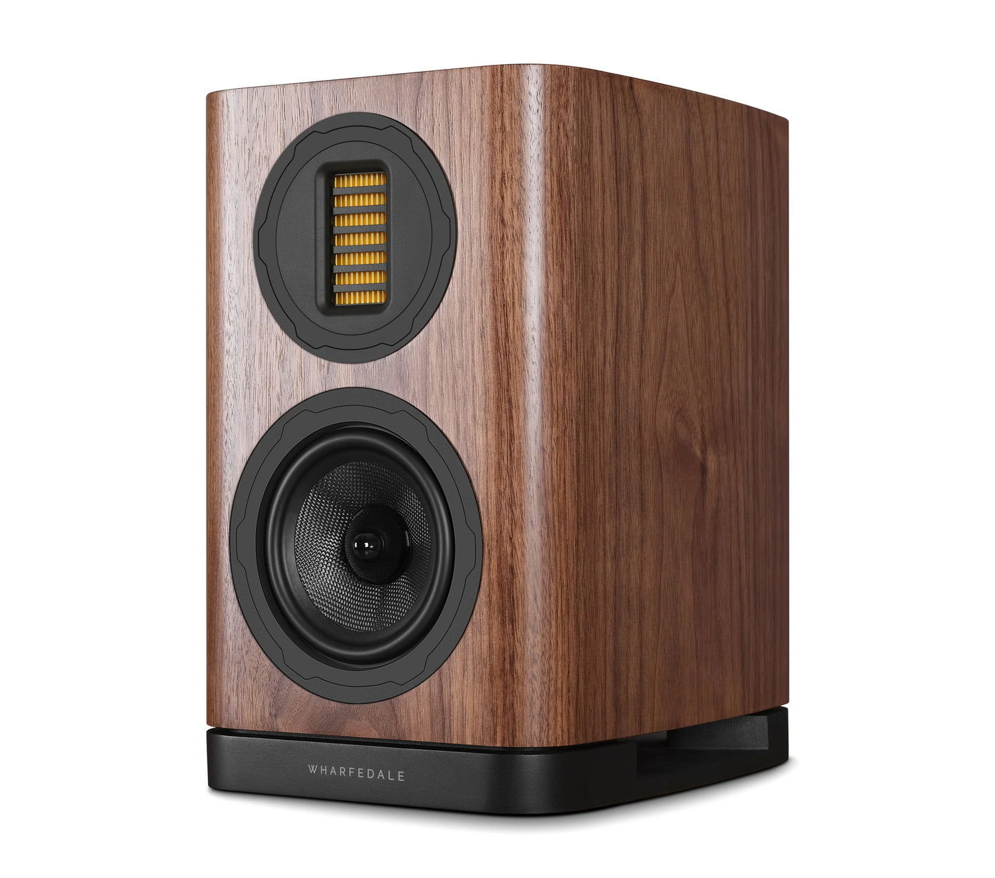 Left side view of Wharfedale EVO 5.1 Bookshelf Speaker in walnut Finish over a white background.
Shows AMT driver and woofer.