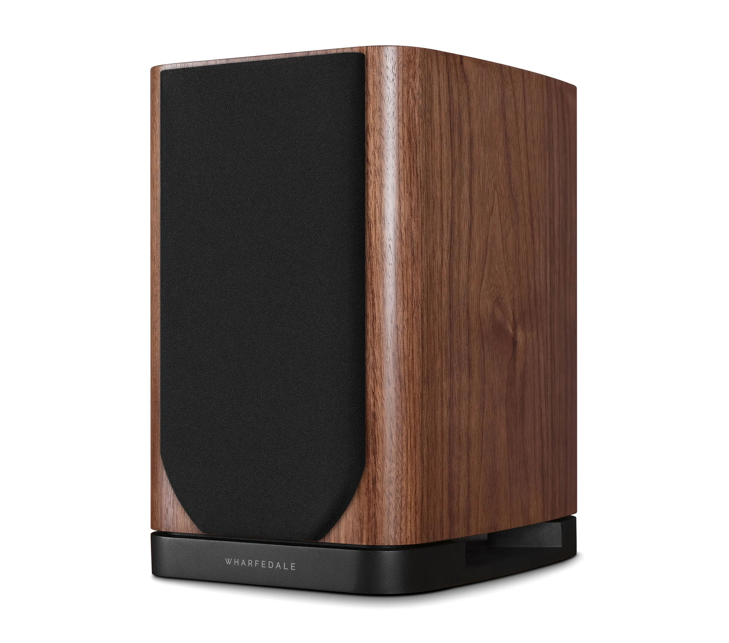 Left side view of Wharfedale EVO 5.1 Bookshelf Speaker in grey Finish with grill, over a white background.