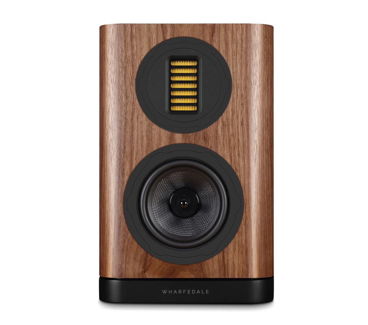 Front view of Wharfedale EVO 5.1 Bookshelf Speaker in walnut Finish over a white background.
Shows AMT driver and woofer.
