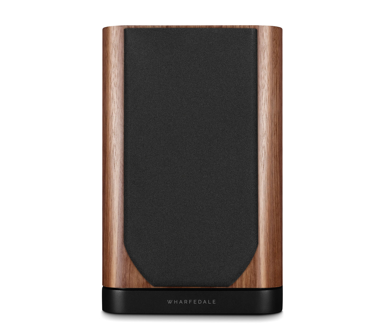 Front view of Wharfedale EVO 5.1 Bookshelf Speaker in walnut Finish with grill, over a white background.