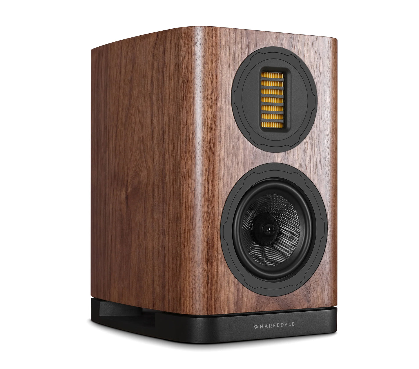 Right side view of Wharfedale EVO 5.1 Bookshelf Speaker in walnut Finish over a white background.
Shows AMT driver and woofer.