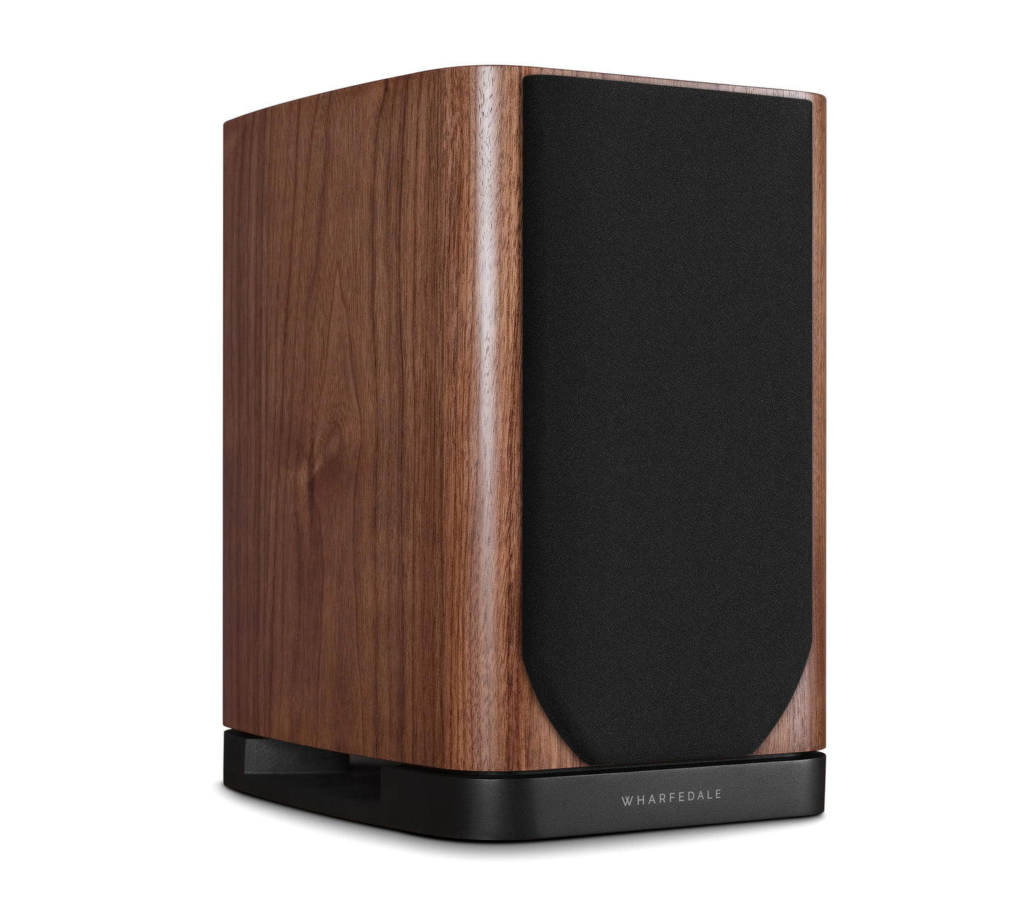 Right side view of Wharfedale EVO 5.1 Bookshelf Speaker in walnut Finish with grill, over a white background.