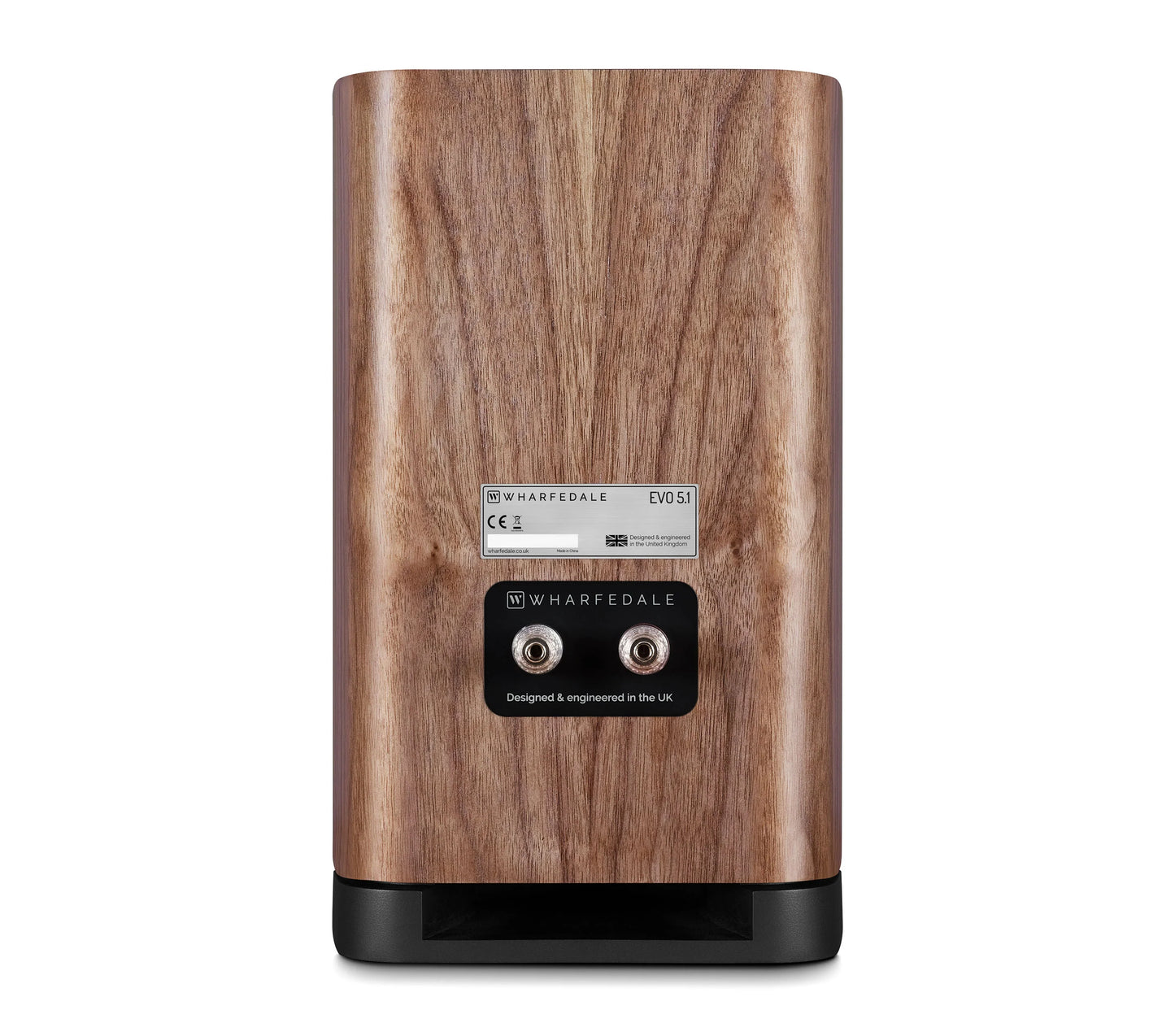 Rear view of Wharfedale EVO 5.1 Bookshelf Speaker in walnut Finish over a white background.
Shows a pair of cable connectors.