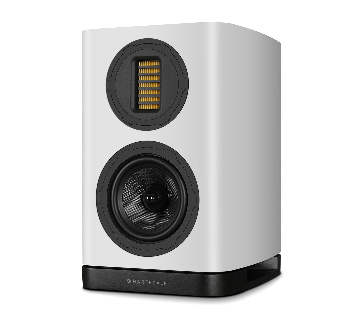Left Side view of Wharfedale EVO 5.1 Bookshelf Speaker in white Finish on white background.
Shows AMT driver and woofer.