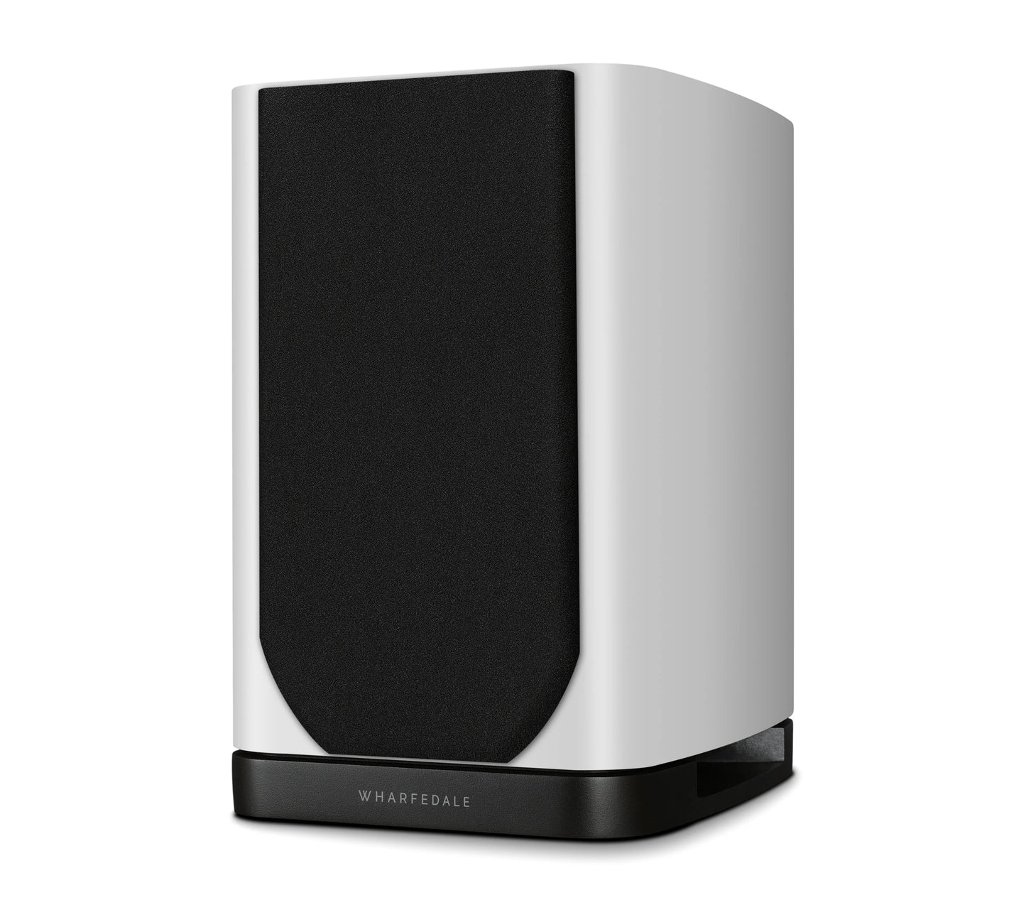 Left side view of Wharfedale EVO 5.1 Bookshelf Speaker in black Finish with grill on white background.