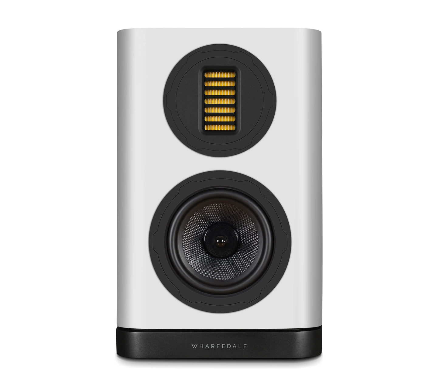 Front view of Wharfedale EVO 5.1 Bookshelf Speaker in white Finish on white background.
Shows AMT driver and woofer.