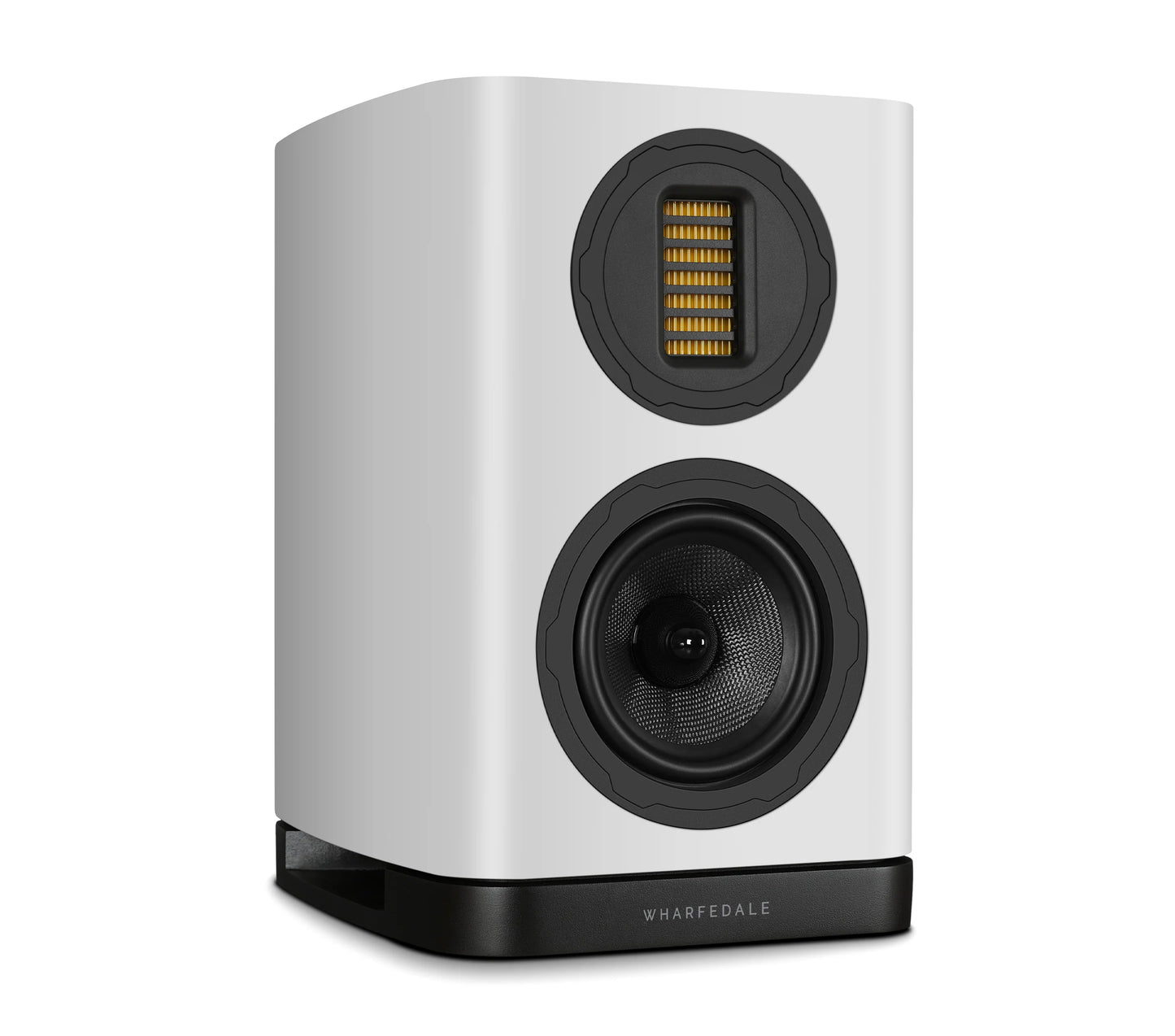 Right side view of Wharfedale EVO 5.1 Bookshelf Speaker in white Finish on white background.
Shows AMT driver and woofer.