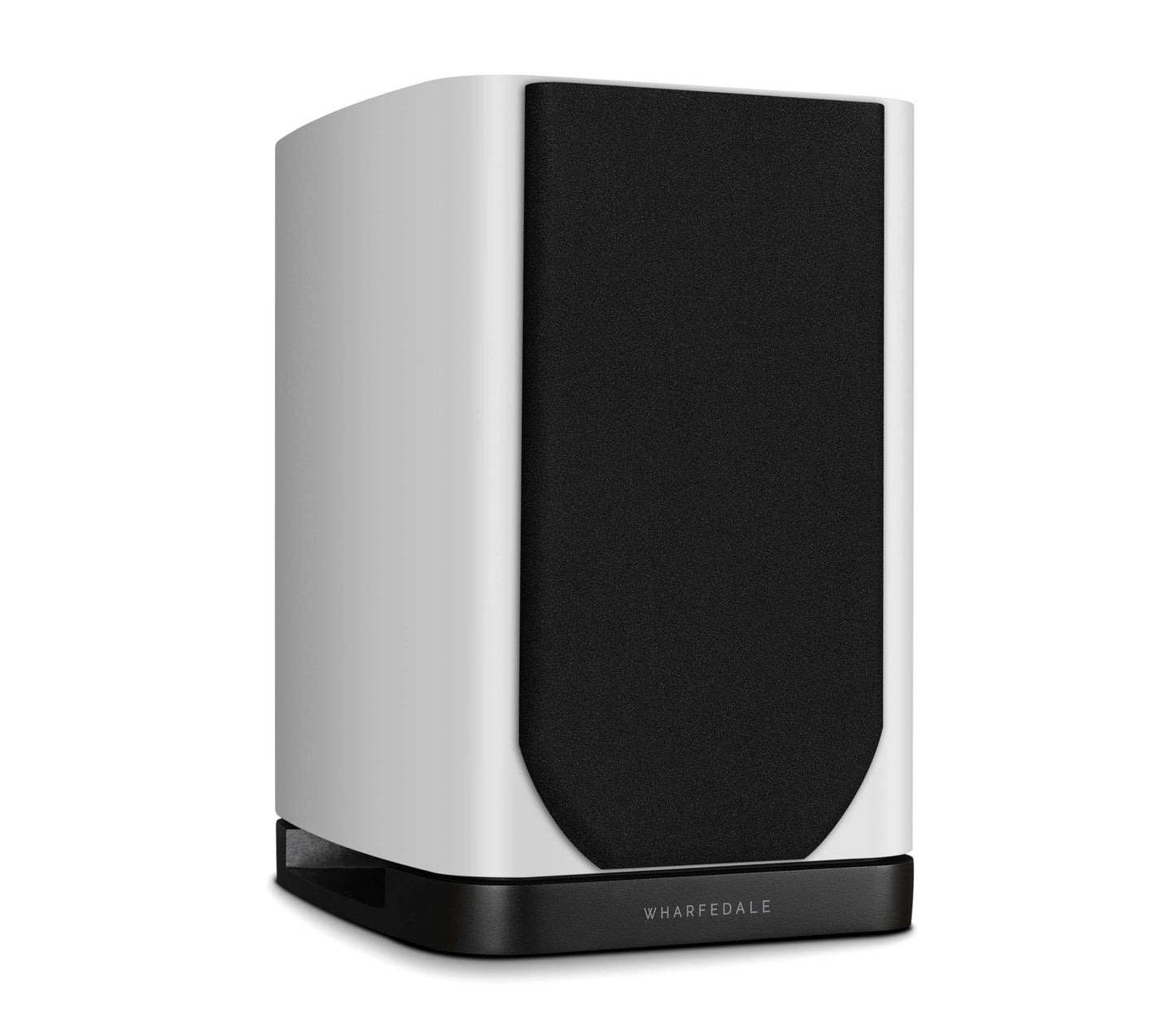 Right side view of Wharfedale EVO 5.1 Bookshelf Speaker in white Finish with grill, on white background.