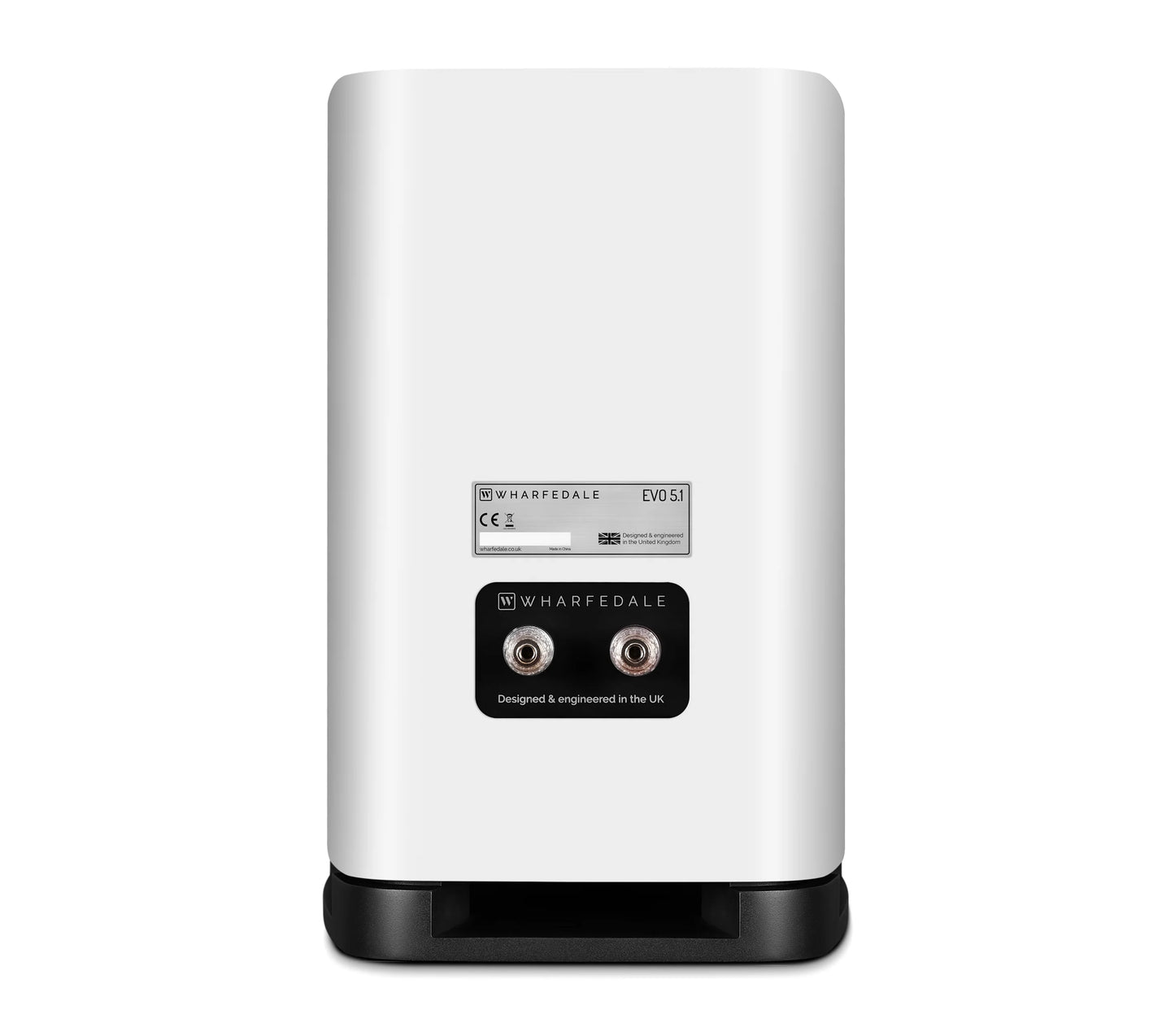 Rear view of Wharfedale EVO 5.1 Bookshelf Speaker in white Finish on white background.
Shows one pair of cable cnnectors.