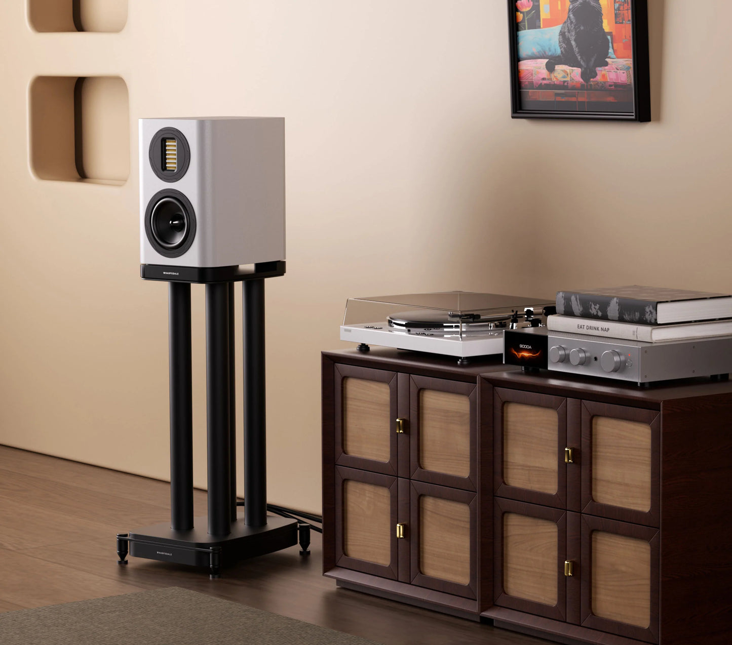 Shows EVO 5.1 speaker in situation is a living room. The speaker is on a Wharfedale stand next to a turntable and audiolab amplifier