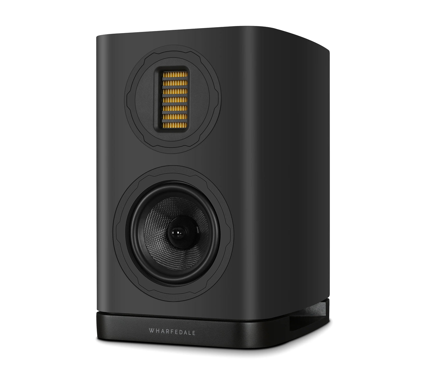 Side view of Wharfedale EVO 5.1 Bookshelf Speaker in black Finish. Shows AMT driver and woofer.