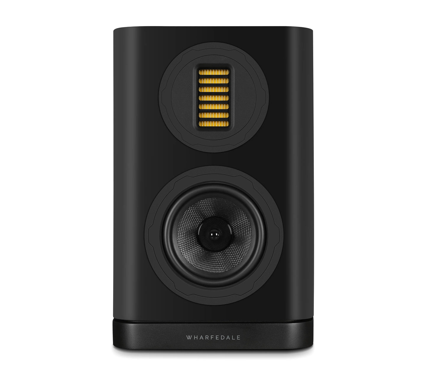 Front view of Wharfedale EVO 5.1 Bookshelf Speaker in black Finish on white background.
Shows AMT driver and woofer.