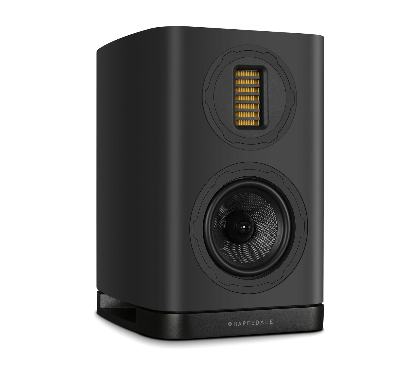 Left side view of Wharfedale EVO 5.1 Bookshelf Speaker in black Finish on white background.
Shows AMT driver and woofer.