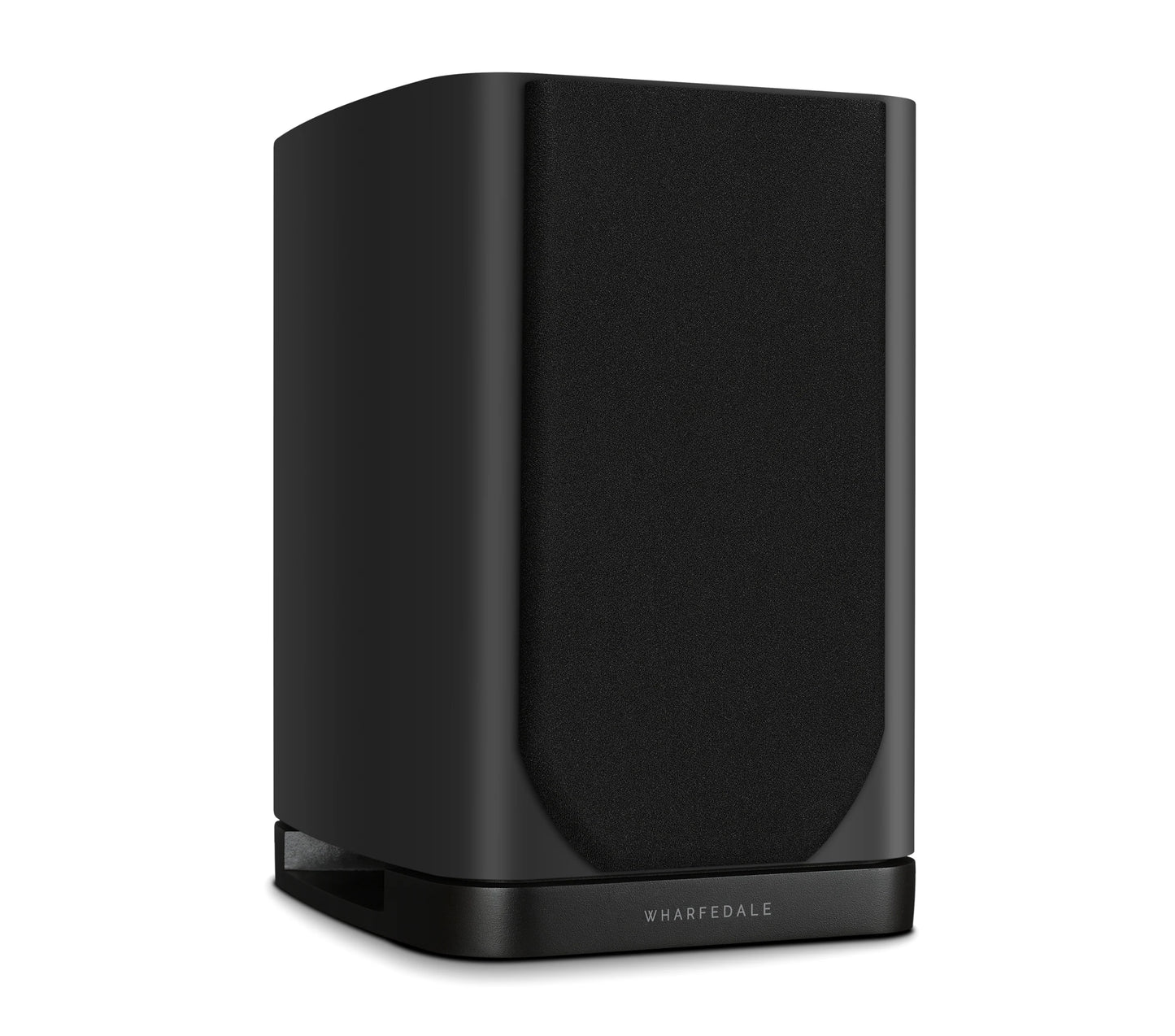 Front view of Wharfedale EVO 5.1 Bookshelf Speaker in black Finish with grill on white background.