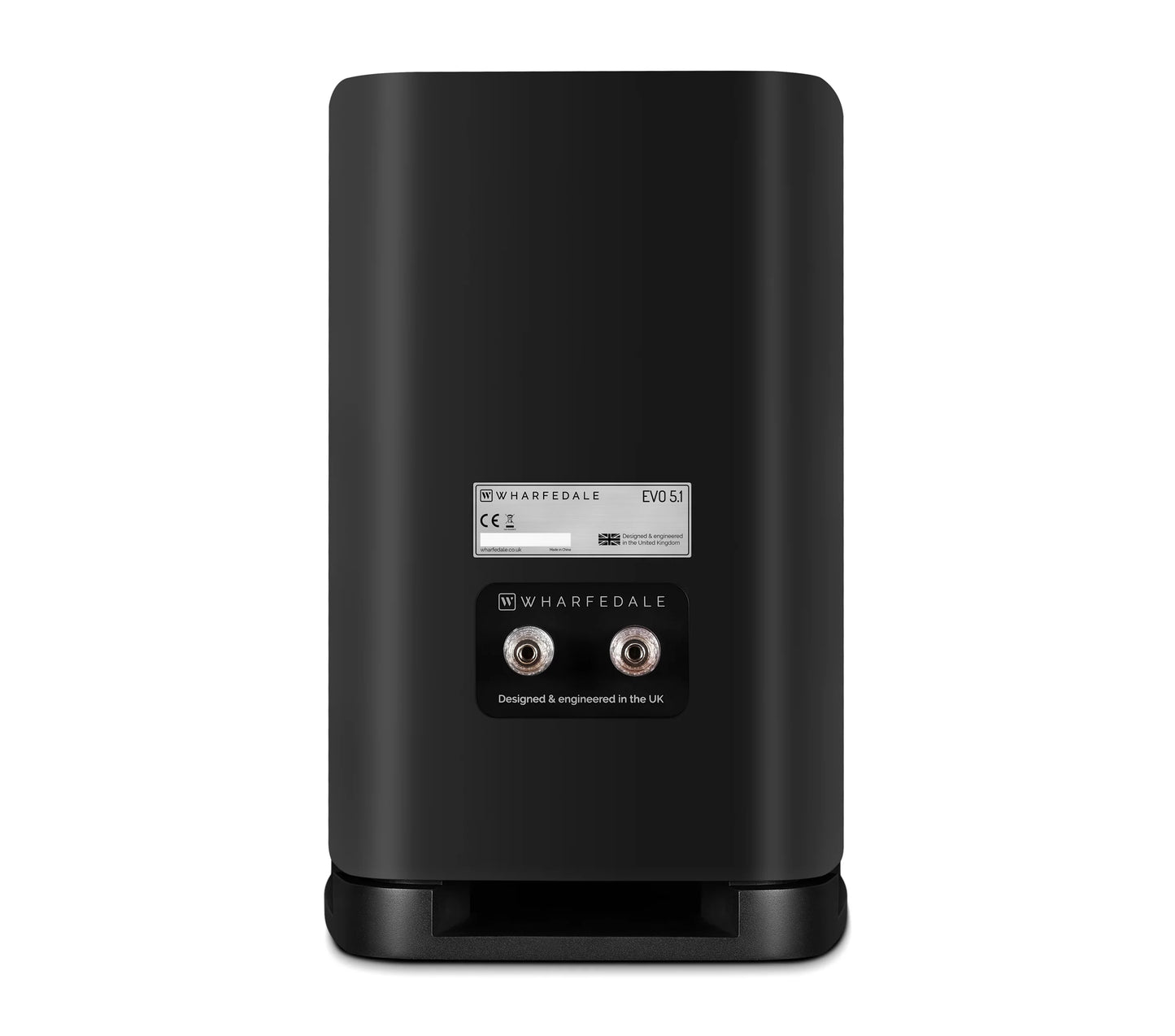 Back view of Wharfedale EVO 5.1 Bookshelf Speaker in black Finish on white background.
Shows one pair of cable connectors.