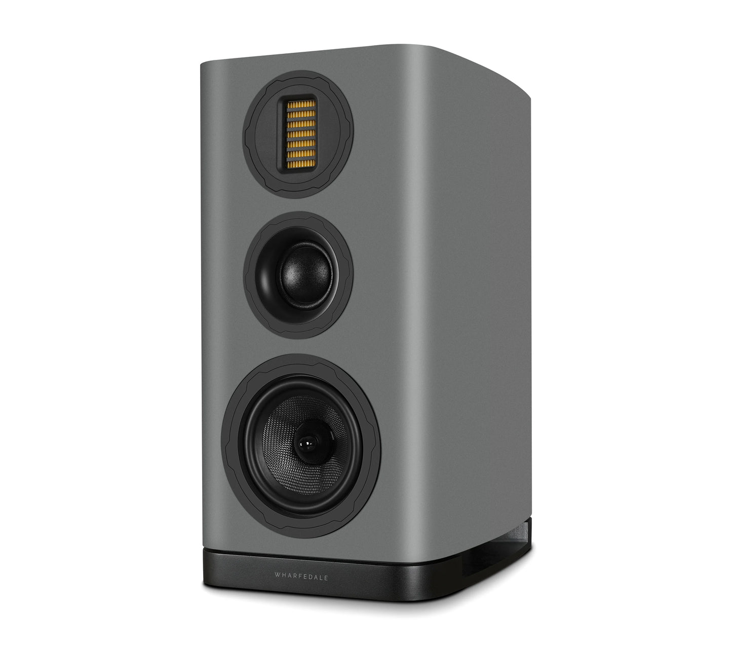 Gray speaker with three circular drivers on a white background