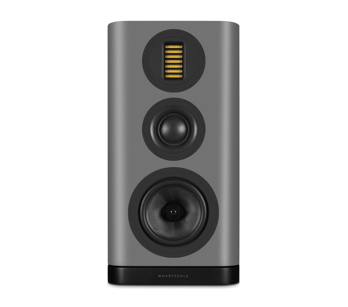 Gray speaker with three circular drivers on a white background