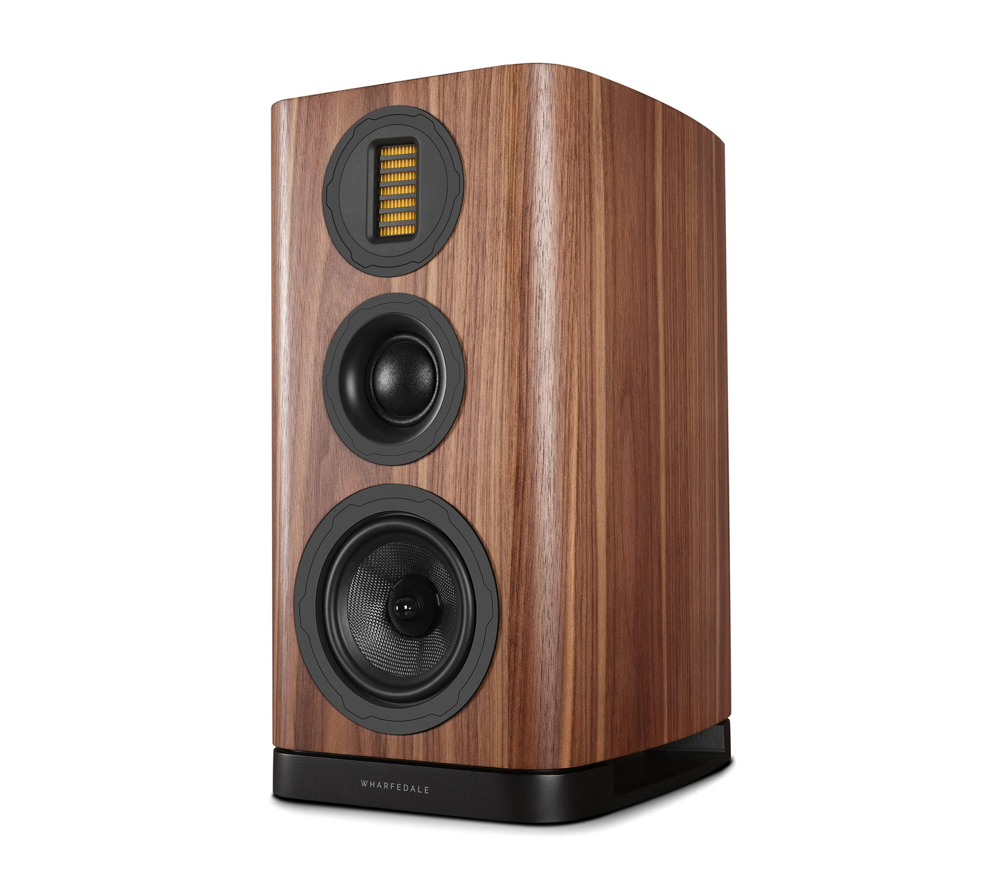 Wooden speaker with black grills on a white background