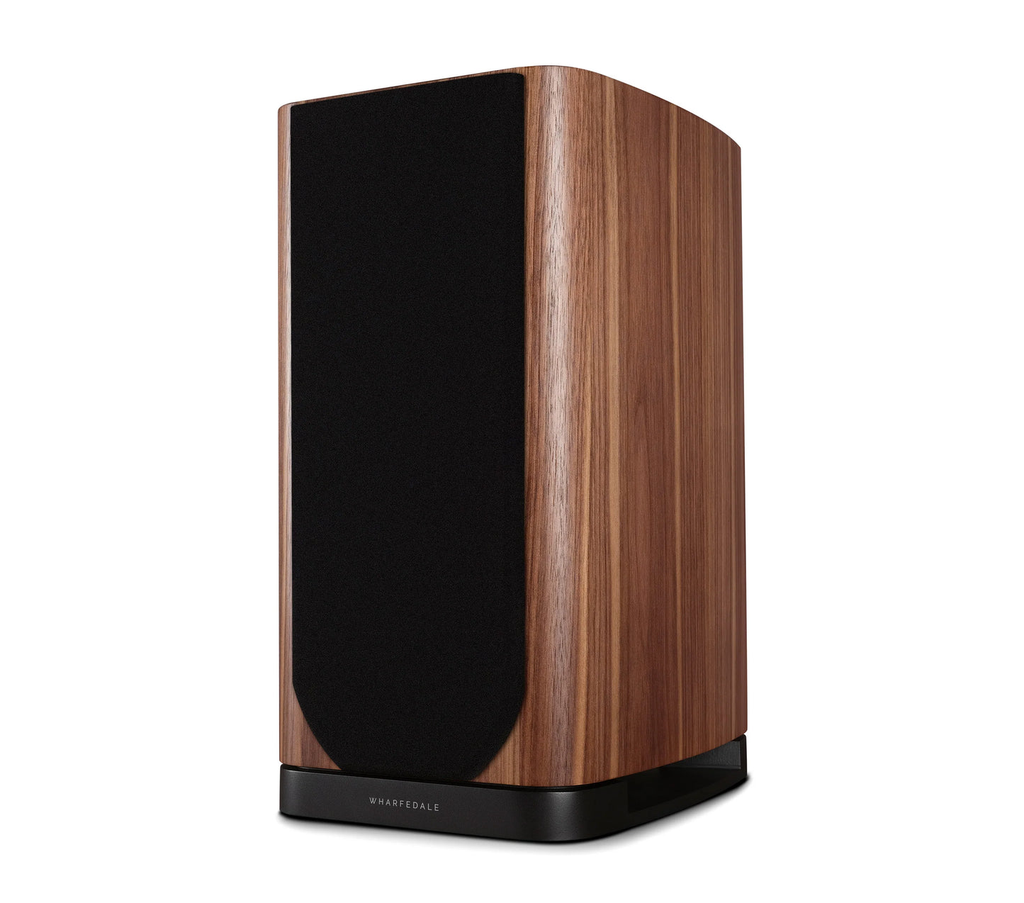 Wooden speaker with black front panel on a white background
