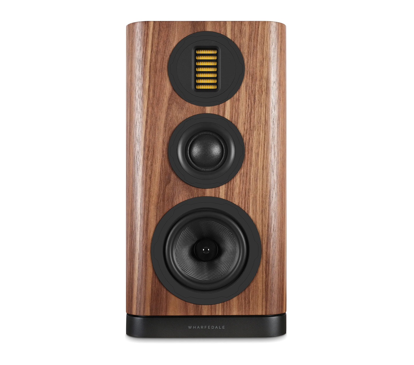 Wooden speaker with black components on a white background
