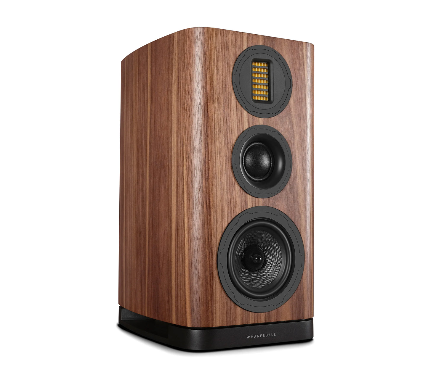 Wooden speaker with black grills on a white background