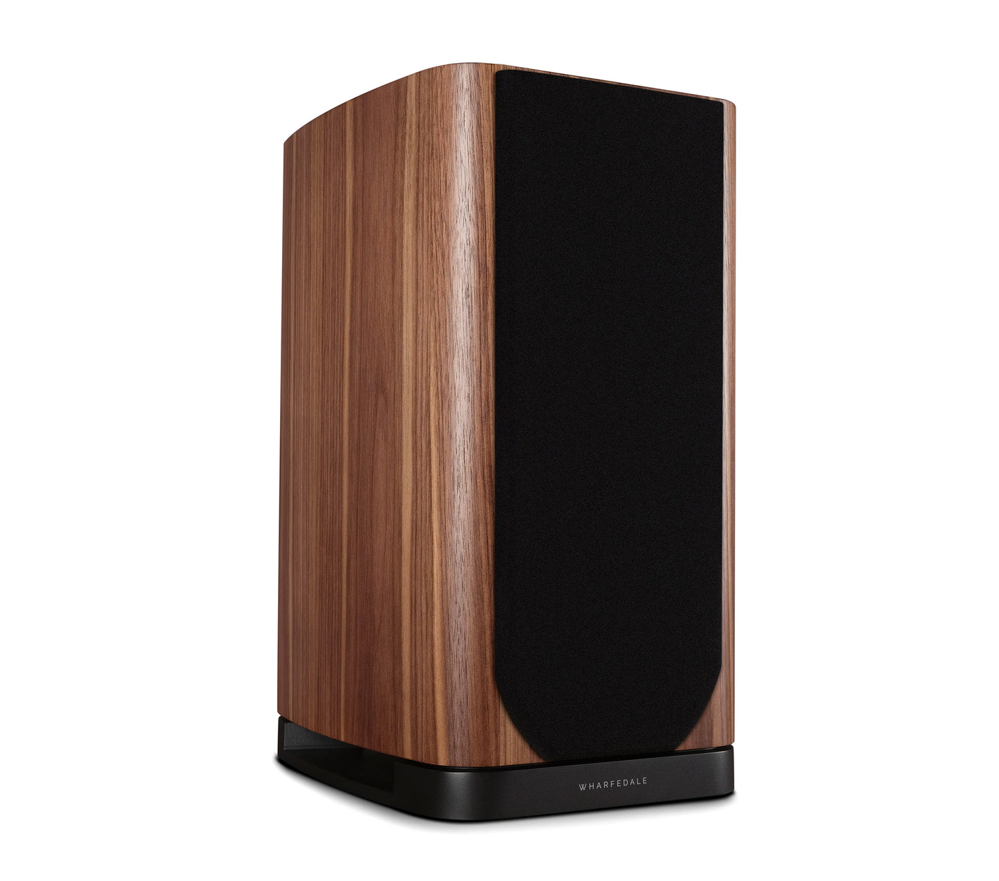 Wooden speaker with black front panel on a white background
