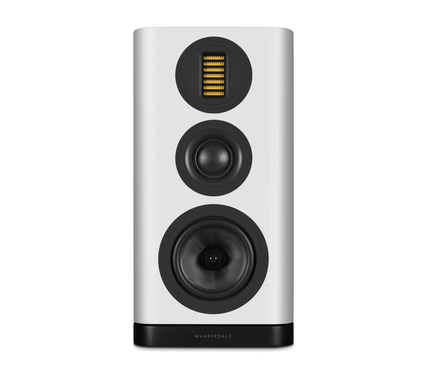 White speaker with black and gold design on a white background