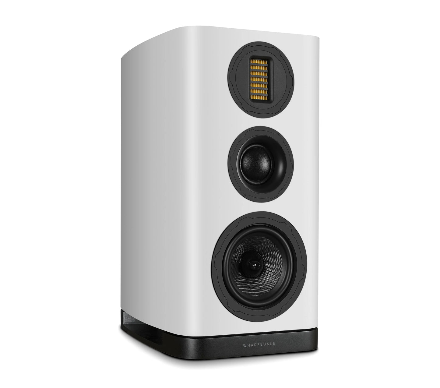 White speaker with black and gold components on a white background